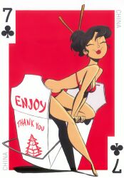 2010 54_international_cuties asian asian_female bikini bill_presing black_hair box china chinese chinese_food chopstick closed_eyes leaning_forward national_personification pinup playing_card red_bikini red_bikini_bottom red_bikini_top stick_in_hair