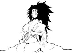 bandaids_on_nipples big_breasts covered_nipples demon demon_girl demon_slayer female female_only genderswap_(mtf) kimetsu_no_yaiba kkku_gt kokushibo long_hair michikatsu_tsugikuni monochrome multi_eye ponytail pregnant pregnant_female rule_63 sitting solo spiky_hair