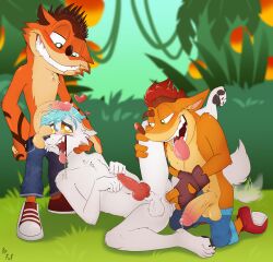 3boys absurd_res activision anthro begging clothing crash_(series) crash_bandicoot crash_mind_over_mutant fingerless_gloves fingers fuf gay gloves group handwear hi_res male male/male male_only oral oral_sex petplay puppyplay raaf_helder_(character) roleplay tattoo trio video_games wumpa_fruit yaoi