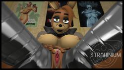 3d 3d_(artwork) absurd_res animatronic breasts brown_body brown_eyes brown_hair digital_media_(artwork) fan_character female five_nights_at_freddy's genitals hair hi_res lagomorph leporid looking_at_viewer machine mammal nipples poster pussy rabbit robot scottgames spread_legs spread_pussy spreading strahinium video_games