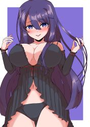 arms_up aroused ass_visible_through_thighs bare_thighs belly_button big_breasts black_lingerie black_panties blush blush_lines blushing_at_viewer breasts child_bearing_hips cleavage doki_doki_literature_club female female_focus female_only hair_between_eyes hair_ornament hair_over_breasts hips holding_hair large_breasts lingerie long_hair looking_at_viewer looking_down looking_pleasured massive_breasts mizumori navel navel_line open_eyes open_mouth open_smile panties purple_eyes purple_hair red_ribbon ribbon seductive seductive_gaze seductive_mouth seductive_smile shoulders sleeves smile smiling smiling_at_viewer thick_thighs thigh_gap thighs wide_hips wide_thighs yuri_(doki_doki_literature_club)