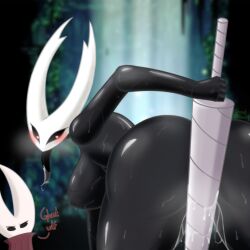 <3_eyes bent_over big_ass big_breasts big_butt black_body bodily_fluids breasts carrotgitlewd female genital_fluids heart hi_res hollow_knight hornet_(hollow_knight) masturbation nude protagonist_(hollow_knight) pussy_juice rule_63 team_cherry tongue tongue_out vessel_(species) video_games