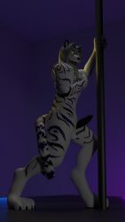 anthro black_penis dancing domestic_cat felid feline felis genitals glowing glowing_eyes hi_res male mammal pantherine penis pole sakuri_rainne solo stripes stripper_pole tattoo tiger