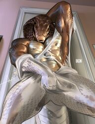 anthro bgn biceps genitals hand_on_head hi_res looking_pleasured male masturbation memphis_(bgn) muscular muscular_anthro muscular_male nipples nude penis reptile scalie shedding snake solo tail