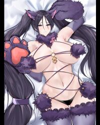 absurdres animal_ears animal_hands bangs bare_shoulders black_panties bow breasts cleavage cosplay elbow_gloves fate/grand_order fate_(series) female fur-trimmed_gloves fur-trimmed_legwear fur_collar fur_trim gloves highres lace lace-trimmed_legwear lace_trim large_breasts long_hair looking_at_viewer lying mash_kyrielight mash_kyrielight_(dangerous_beast) mash_kyrielight_(dangerous_beast)_(cosplay) minamoto_no_raikou_(fate) minamoto_no_raikou_(fate/grand_order) navel o-ring on_back panties parted_bangs paw_gloves paws purple_eyes purple_gloves purple_hair purple_legwear revealing_clothes solo spice_(spicezzumi) thighs twintails underwear very_long_hair wolf_ears