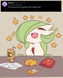 1girls big_breasts crest crumbs cute cute_fang eyes_mostly_closed female female_pokemon food fries gardevoir gray_background green_hair hair_over_one_eye hands_on_table happy happy_meal juice juice_box mcdonald's mustard napkin open_mouth pokemon pokemon_(species) saltyxodium simple_background smile smug squint star stars tongue toy wholesome