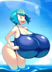 1girls alternate_breast_size angstrom bikini blue_hair breasts breasts_bigger_than_head cleavage game_freak huge_breasts hyper hyper_breasts lana_(pokemon) large_breasts massive_breasts mob_face nintendo one-piece_swimsuit open_mouth pokemon pokemon_sm short_hair swimsuit top_heavy