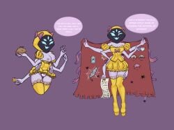 alternate_costume bondage glowing_eyes gold gold_(metal) gold_heels monster_girl muffet polished_merchant prostitution shrunken_woman spider_girl sylvy tagme text undertale