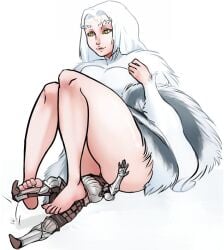 1boy 1girls barefoot blonde_female chosen_undead crossbreed_priscilla dark_souls dragon_girl facesitting feet female foot_fetish footjob fromsoftware fur giantess horns larger_female male mini_giantess scas sitting_on_person size_difference smaller_male smothering thick_thighs white_fur white_hair yellow_eyes