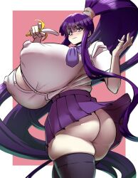 ass banana bangs big_hair breasts cleavage closed_mouth covered_erect_nipples curvy eating eiken eyes_visible_through_hair female female_focus food fruit gigantic_breasts kirika_misono long_hair looking_at_viewer miniskirt misono_kirika no_bra outline partially_unbuttoned pleated_skirt ponytail purple_eyes purple_hair shiny shirt sidelocks skeb_commission skirt smile smug solo standing thighhighs uc very_long_hair white_outline wide_hips