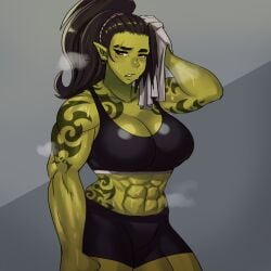 1girls abs after_workout black_hair ezzyecchi female female_only green-skinned_female green_skin light_blush long_hair looking_at_viewer muscular muscular_female narrowed_eyes orc orc_female pointy_ears ponytail scar scar_across_eye solo sportswear steam sweat tattoo tattooed_arm towel very_high_resolution yellow_eyes