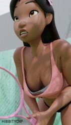 1girls 3d dark-skinned_female dark_skin disney downblouse female female_only hibbitydip lilo_and_stitch nani_pelekai nipple_peek nipple_slip solo straight_hair subtle tennis_racket tennis_uniform