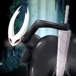 <3_eyes bent_over big_breasts black_body bodily_fluids breasts carrotgitlewd female genital_fluids heart hi_res hollow_knight masturbation nude protagonist_(hollow_knight) pussy_juice team_cherry tongue tongue_out vessel_(species)