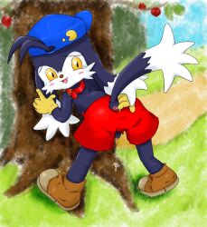 anthro anus baseball_cap black_fur blush collar cum furry klonoa klonoa_(series) looking_back male open_mouth outside ryuconboy shoes shorts solo tail tree yellow_sclera