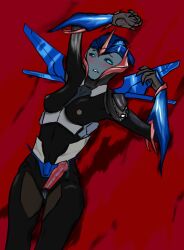 arcee arcee_(prime) biting_lip black_sclera breasts female green_skin maguslay medium_breasts robot robot_girl solo transformers transformers_prime