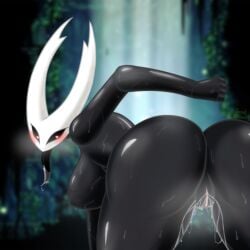 <3_eyes bent_over big_ass big_breasts black_body bodily_fluids breasts carrotgitlewd female genital_fluids genitals heart hi_res hollow_knight nude protagonist_(hollow_knight) pussy pussy_juice rule_63 team_cherry tongue tongue_out vessel_(species)