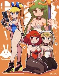 4girls big_breasts blonde_hair breasts bunny_girl bunnysuit female female_focus female_only green_hair kid_icarus kirby kirby_(series) kneeling leotard long_hair metroid multiple_girls mythra nintendo palutena pantyhose pyra red_hair samus_aran short_hair super_smash_bros. thick_thighs tony_welt xenoblade_(series) xenoblade_chronicles_2