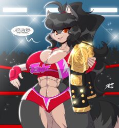 1girls 2022 anthro big_breasts black_hair blair_fenris breasts brown_eyes canine championship_belt cleavage female female_only furry long_hair looking_at_viewer mastergodai muscular muscular_female original original_character solo speech_bubble sports_bra text thick_thighs voluptuous wide_hips wolf wrestling_belt wrestling_ring