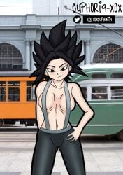 black_hair caulifla dragon_ball dragon_ball_super dragon_ball_z euphoria-xox female female_saiyan overalls public smile spiked_hair universe_6 universe_6/universe_7 universe_6_girls