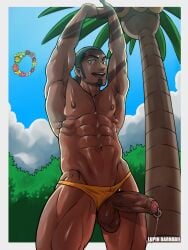 1boy abs alolan_exeggutor balls boner erect_penis erection girthy hard_on human human_only kukui_(pokemon) looking_at_viewer low_hanging_testicles lupin_barnabi male_focus male_only male_solo melanin muscles muscular muscular_male outdoors outside pecs penis pierced_genitals pierced_penis piercing pokemon pokemon_sm precum precum_drip solo solo_male stretching testicles thick_penis thick_thighs uncut veiny_penis