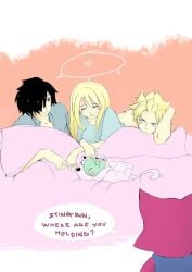 1girls 2boys ciafiholic clothed fairy_tail implied_bottomless implied_fingering implied_sex implied_threesome interrupted lucy_heartfilia rogue_cheney sting_eucliffe tagme under_blanket