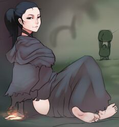 ass_out barefoot black_hair dark_souls female foot_fetish fromsoftware fully_clothed looking_at_viewer ponytail quelana_of_izalith robes scas sitting smile smirk solo