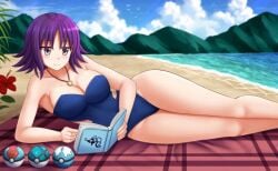 1girls 2019 alternate_breast_size beach beach_towel blue_bikini blue_swimsuit blue_swimwear book breasts brown_eyes curvaceous dive_ball female human kazenokaze large_breasts laying_on_side lure_ball net_ball nintendo pale-skinned_female pale_skin philena_ivy poke_ball pokemon pokemon_professor pokemon_rgby purple_eyes purple_hair reading reading_book short_hair smile smiling wide_hips