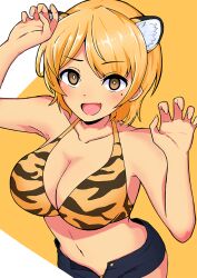 4_ears arms_up bare_arms bare_midriff bare_shoulders bare_stomach beauty_mark bent_arm big_breasts blonde_hair blush blush_lines blushing_at_viewer booty_shorts bra breasts brown_eyes cat_ears catgirl chinese_new_year cleavage collarbone ear_tuft eyebrows_visible_through_hair female female_focus female_only fringe hands_above_head happy large_breasts looking_at_viewer mischievous mischievous_smile mizumori mole mole_under_eye navel navel_line oerba_yun_fang open_eyes open_mouth orange_eyes panties_visible_through_clothing plain_background shaded short_hair short_shorts shoulder_length_hair slim slim_waist smiling_at_viewer tiger_ears tiger_girl tiger_print tiger_stripes tomboy unbuttoned unbuttoned_pants year_of_the_tiger