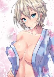 anastasia_(idolmaster) blue_eyes blush breasts cleavage collarbone eyelashes_visible_through_hair female female_only floral_print hair_between_eyes head_tilt idolmaster idolmaster_cinderella_girls kimono looking_at_viewer naked_kimono no_bra off_shoulder open_kimono sankakusui_(deltawhite) short_hair silver_hair smile