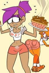 2018 2girls ass ass_cleavage black_eyes breasts butt_crack cartoon_network cleavage clothing crop_top dark-skinned_female dark_skin enid eyeshadow female female_only food fully_clothed gynoid heroine hooters human majuv navel ok_k.o.!_let's_be_heroes purple_eyeshadow purple_hair red_eyes robot robot_girl roller_skates shannon_(ok_k.o.!_let's_be_heroes) shannon_boxman sharp_teeth short_shorts shorts smile smiling villainess waitress white_shirt