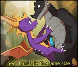 activision anthro black_body black_scales blue_penis colrblnd dragon duo erection feral genitals grin hand_on_chest male male/male nipples nude outside penis penises_touching purple_body purple_scales scales smile spread_wings spyro spyro_the_dragon subtitled text touching_feet video_games wings xero_(captainscales)