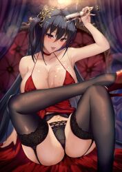 1girls 2022 asymmetrical_hair azur_lane black_hair black_panties blush breasts champagne champagne_glass cleavage elegant_dress female female_only heels holding_object huge_breasts long_hair looking_at_viewer naughty_face panties pouring_on_self red_dress red_eyes revealing_clothes satou_daiji side_ponytail suggestive_look taihou_(azur_lane) taihou_(forbidden_feast)_(azur_lane) thick_thighs thighhighs thighs tongue tongue_out wet wet_body wet_breasts