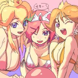 00s 1:1 2000s 3girls :d ;d alternate_breast_size ball bikini blonde_hair blue_eyes breast_squeeze breasts brown_hair choker cleavage crossover crown earrings eyebrows_visible_through_hair female female_only final_fantasy flower_earrings front-tie_top japanese_text jewelry large_breasts leaning_forward long_hair looking_at_viewer lowres mario_(series) mario_hoops_3_on_3 medium_breasts metata multiple_girls nintendo one_eye_closed open_mouth orange_bikini pink_bikini pink_hair princess_daisy princess_peach purple_eyes smile sweat swimsuit teeth text thought_bubble tongue white_bikini white_mage white_mage_(mario) wink