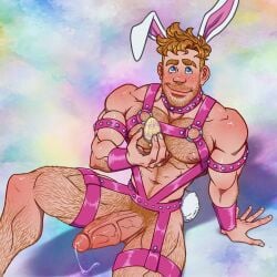 boner bunny_ears cabaret_bara cabaret_bara_series easter egg erect_penis erection finn_(cabaret_bara) ginger hairy hairy_legs hard_on harness looking_at_viewer muscles muscular muscular_male precum precum_drip solo_male thick_penis thick_thighs uncut veiny_penis