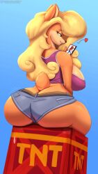 activision anthro ass ass_cleavage bandicoot big_breasts blonde_hair booty_shorts breasts butt_crack cellphone clothed clothing crash_(series) crash_bandicoot explosives female fur green_eyes hair hi_res holding_object hot_pants hotpants mammal marsupial nexcoyotlgt phone simple_background sitting smartphone smile solo stool_position tawna_bandicoot tnt topwear video_games