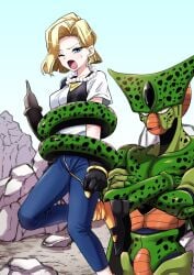 android_18 arms_at_sides blonde_hair blue_eyes bob_cut breasts cell_(dragon_ball) crossed_arms day dragon_ball dragon_ball_z earrings female gloves hi_res highres imminent_rape imperfect_cell jewelry legs loose_socks mary_janes medium_breasts medium_hair necklace one_eye_closed open_mouth outdoors pearl_necklace restrained shoes sky smile standing susuanpan tail thighs vest