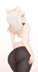 1girls anti_(phantom_forces) ass black_pants blue_eyes clothed kayyski looking_at_viewer looking_back phantom_forces roblox roblox_game robloxian sideboob smile smiling tagme white_background white_bra white_clothing white_hair yoga_pants