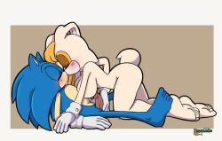 anthro blue_body blush duo female genitals hi_res humanoid_genitalia humanoid_penis kissing male male/female penis pepamintopatty sega sonic_(series) sonic_the_hedgehog sonic_the_hedgehog_(series) vanilla_the_rabbit