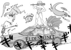 2boys 2girls abs albinauric big_ass black_and_white casual cleavage elden_ring female fromsoftware funny happy headwear human iron_fist_alexander l let_me_solo_her living_jar_(elden_ring) manserpent melina_(elden_ring) modern_au monochrome muscular_female pale_skin rule_63 tamanegi_(artist) tarnished torrent_(elden_ring)