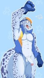 2022 4_fingers abs anthro athletic athletic_anthro athletic_male balls bemani blue_body blue_clothing blue_ears blue_fur blue_gloves blue_handwear blue_spots blue_topwear blue_vest bottomless chirasgi clothed clothing dated felid fingers foreskin fur genitals glans gloves handwear hi_res konami light_body light_fur male mammal markings nipples ollie_(pop'n_music) pantherine pecs penis pink_tongue pop'n_music pubes raised_arm snow_leopard solo spots spotted_body spotted_ears spotted_fur spotted_markings spotted_tail tail_markings teeth tongue topwear vest video_games