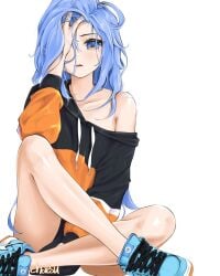 black_clothing blue_eyes blue_hair chaesu hoodie knee_up leg_up legs messy_hair minah nike no_bra no_panties no_underwear orange_clothing orange_eyes sneakers tsundere