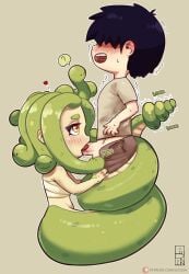 1boy 1girls amber_eyes beige_background black_hair blowjob blush chibi coiling commission fellatio female green_hair hair_between_eyes heavy_blush hi_res human lamia liuskin looking_up male penis snake snake_hair