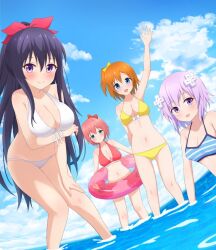 4girls crossover date_a_live doki_doki_literature_club eniraka female female_only goddess kousaka_honoka looking_at_viewer love_live! love_live!_school_idol_project multiple_girls neptune_(neptunia) neptunia_(series) ocean pov pov_eye_contact sayori_(doki_doki_literature_club) swimsuit water waving yatogami_tohka