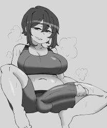 1futa balls big_breasts breasts chubby cleavage clothed clothing dickgirl erection erection_under_clothes feet foreskin futa_only futanari huge_cock human large_breasts large_penis looking_at_viewer monochrome mostly_clothed navel partially_retracted_foreskin penis penis_through_leghole shorts sitting smile smug solo sports_bra spread_legs suna_ponz sweat uncensored uncut workout workout_clothes