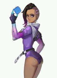 1girls artist_request ass asymmetrical_hair dark-skinned_female dark_skin female female_only jacket long_hair microchip overwatch overwatch_2 purple_eyes side_shave small_ass solo sombra unknown_artist