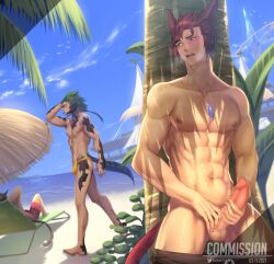 1boy abs absurdres animal_ears au_ra beach cat_boy cat_ears cat_tail catboy censored final_fantasy final_fantasy_xiv gasp highres kurohitsuji_lim large_penis male_focus male_only masturbation miqo'te mosaic_censoring muscular nipples penis precum precum_drip red_hair tail