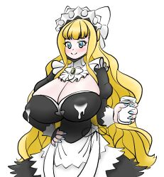 1girls alternate_costume bangs blonde_hair blue_eyes blue_nails breasts charlotte_(fire_emblem) cleavage female female_only fire_emblem fire_emblem_fates glass huge_breasts lactating_into_cup lactation long_hair looking_at_viewer maid milk nail_polish nintendo smile solo very_long_hair white_background zackshun