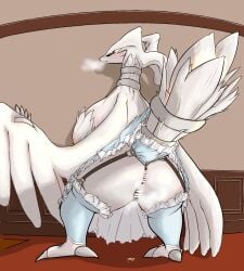 anthro anus ass big_breasts blush breasts censored clothed clothing dragon female fur genitals hauberk888 hi_res legendary_pokémon nintendo pokémon_(species) pokemon pussy reshiram solo video_games white_body white_fur