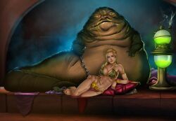 1girls ambrosiis belly_dancer belly_dancer_outfit blonde_hair blue_eyes boots cleavage dancer dancer_outfit disgusted femsub fit_female harem_girl harem_outfit hutt jabba's_palace jabba_the_hutt large_breasts loincloth slave slave_bikini slave_collar slave_leia_(cosplay) slave_outfit slavegirl slime star_wars submissive submissive_female