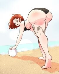 beach beach_ball big_ass bikini black_bikini black_lipstick blush blush_lines fat_ass libidineee lipstick looking_at_viewer looking_back oc red_hair tattoo